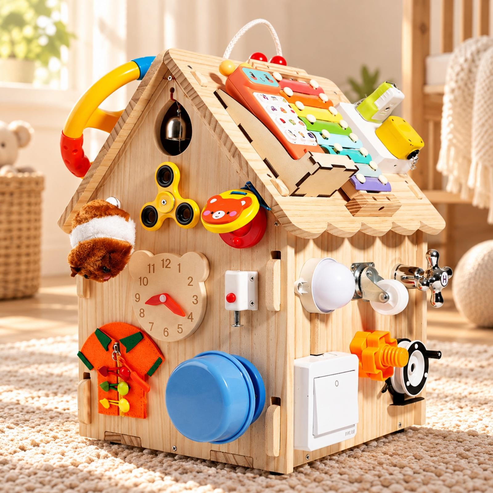 Kids Education Center - Montessori Wooden Busy Board House for